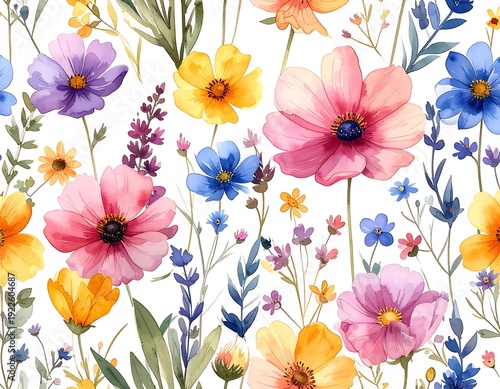 Watercolor painted floral pattern with colorful flowers & green foliage against a white background