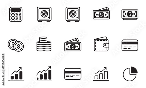 Financial icons set including safe box calculator banknotes coins wallet credit card and bar chart icons vector