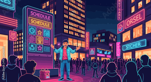 Man presenting in front of a large digital schedule screen in a futuristic city.