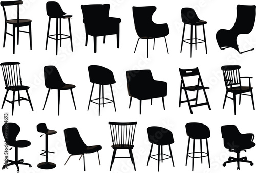 Chair silhouette vector set, modern and classic seating furniture collection isolated on white background for interior design projects