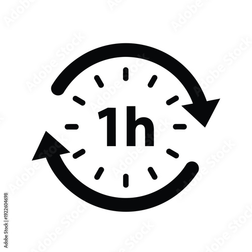Vector illustration icon black clock icon with one hour symbol and circular arrows indicating time or schedule