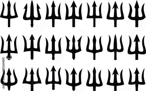 Trident silhouettes collection set, black Neptune and Poseidon trishul icons, mythological spear symbols vector illustration isolated on white background