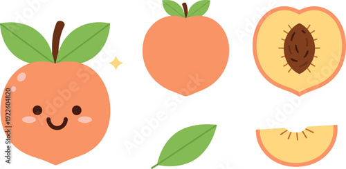 Cute Peach Cartoon Character Vector Set with Whole Peach Fruit Slices and Green Leaves Isolated on White Background