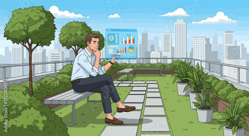 Man working on a tablet with a holographic interface.