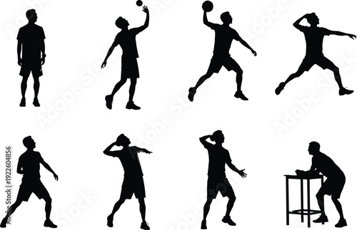 Volleyball player silhouettes set, male athlete serving and spiking ball action poses collection, black sports vector illustration isolated on white background