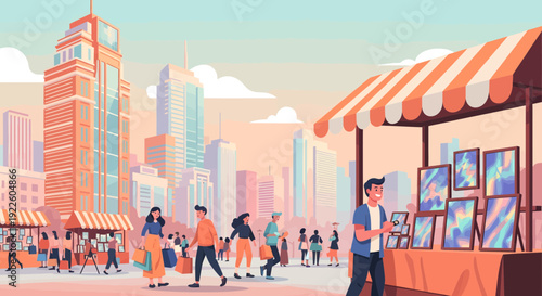 People browsing and selling at an outdoor market stall.