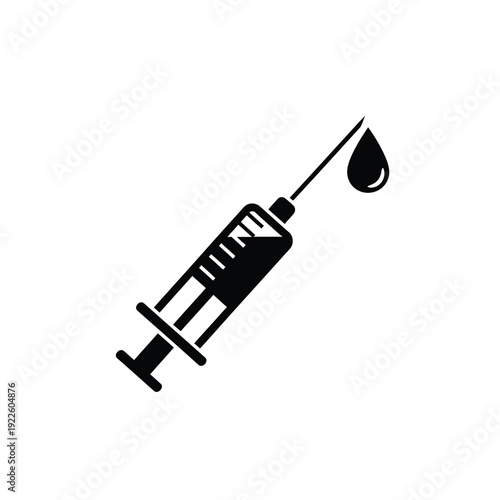 Vector illustration icon black silhouette of a syringe with a drop of liquid on a isolated