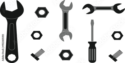 Mechanical Tools Vector Set with Wrenches Screwdriver Bolts and Nuts Isolated on White Background for Repair and Maintenance Design