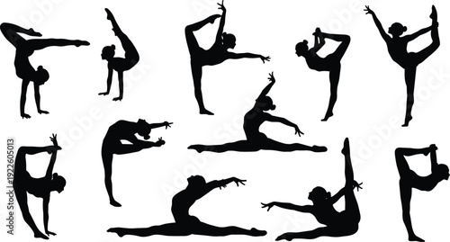 Yoga pose silhouette set flexible gymnast stretching balance fitness vector illustration collection