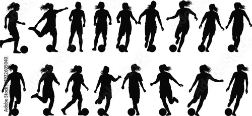 Women soccer player silhouettes dribbling football action poses vector illustration collection set