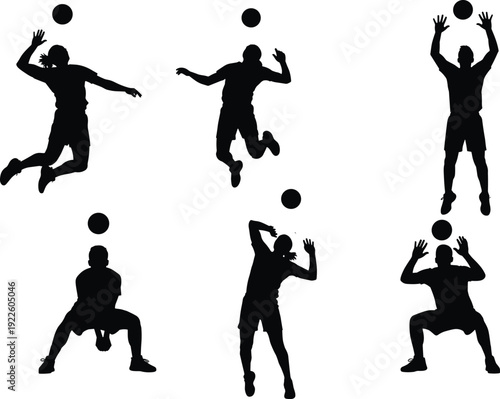 Volleyball player silhouette set jumping serving blocking spike action vector illustration collection