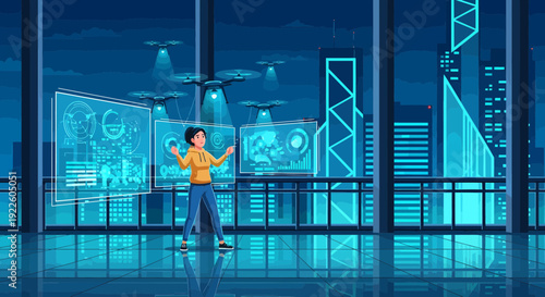 Person interacting with futuristic holographic interface in a smart city environment.