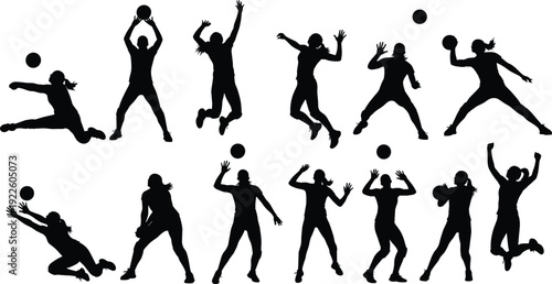 Volleyball player silhouette collection, dynamic women sports action isolated on white background