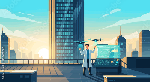 Scientist controlling drones on a rooftop with advanced technology.