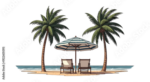 Beach scene vector illustration with palm trees, umbrella, and chairs