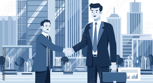 Two businessmen shaking hands in a professional setting.