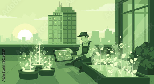 Urban gardener tending to rooftop plants with glowing leaves.