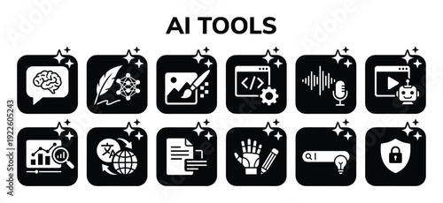 AI Tools vector icons with brain, quill, image editing, coding, audio, video, data analysis, translation