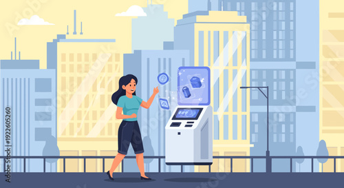 Woman Interacting with an Outdoor Information Kiosk in a City Setting.