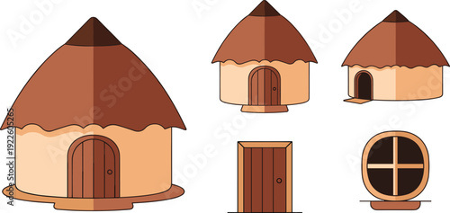Traditional Tribal Hut Vector Set with Thatch Roof Mud Houses and Wooden Door Isolated on White Background for Village Life Design