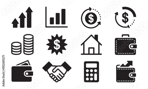 Modern business icons featuring rising arrows bar graphs dollar signs coins home wallet and handshake symbols