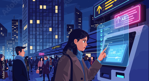 Woman Interacting with Futuristic Digital Kiosk in Urban Night Setting.