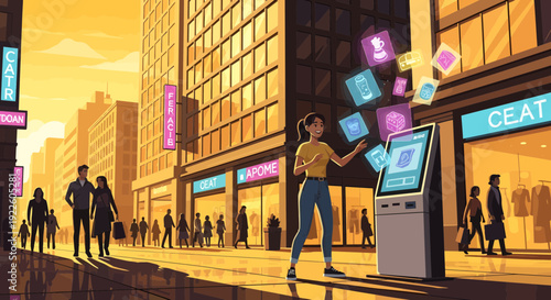 Woman Interacting with Digital Kiosk on City Street.