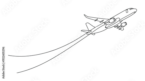 Airplane takeoff with contrails vector illustration, ascending in the air, white background