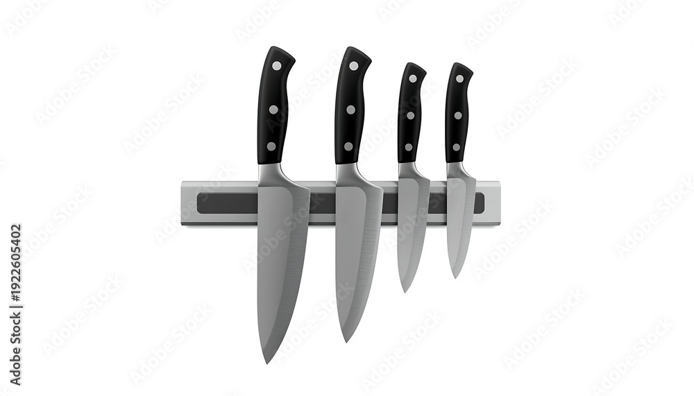 Obraz premium A modern kitchen magnetic knife strip securely holding four sharp, professional chef's knives on a white wall.