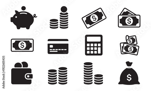 Solid black finance icons set with piggy bank coin stacks banknotes credit card calculator and money laundry