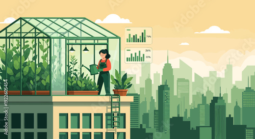 Woman tending to plants in a rooftop greenhouse.