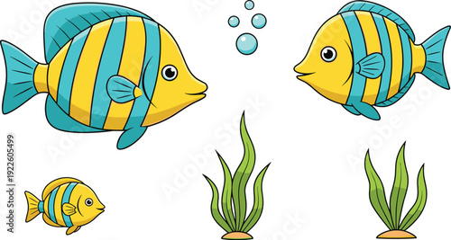 Tropical Angelfish Vector Set with Yellow and Blue Striped Fish Underwater Bubbles and Seaweed Isolated on White Background
