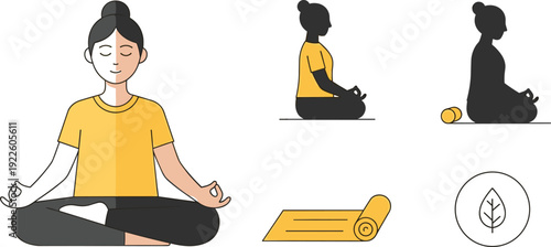 Yoga and Meditation Vector Set with Woman in Lotus Position Silhouette and Yoga Mat Isolated on White Background for Wellness Design