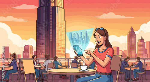 Woman using a futuristic transparent smartphone with a holographic interface.