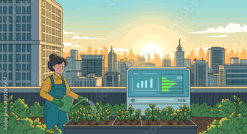 Woman watering plants in a rooftop garden with smart farming technology.