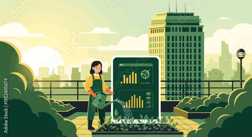 Woman watering plants in a smart urban garden.