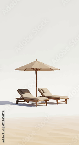 Beach lounge chairs and umbrella