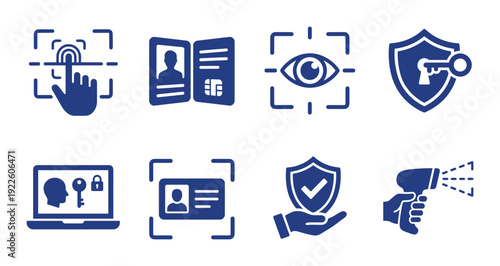 Biometric identification icons set. Fingerprint, passport, retina scan, key security, face ID and temperature