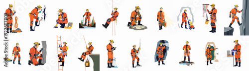 Spelunking and Caving Adventures: A diverse collection of illustrations depicting explorers, rescuers, and scientists engaging in underground activities with specialized gear and safety equipment.