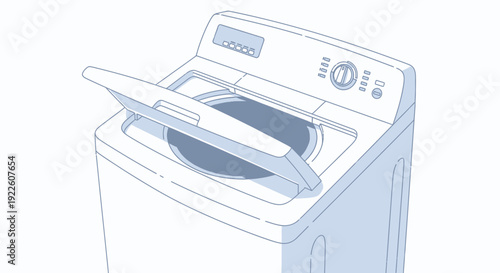 Minimalist blue and white line art illustration of a top-loading washing machine with its lid open, revealing the interior drum.