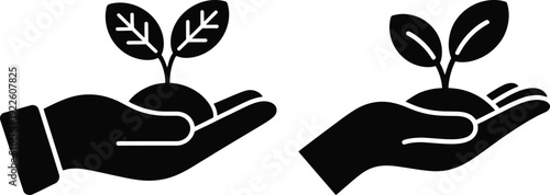 Hand holding small growing plant icon. Investment growth and ecology concept. Hand gesture icons for environmental care.
