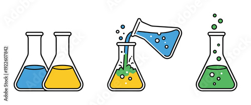 Chemistry beakers mixing liquid, science experiment with blue, yellow, and green liquids
