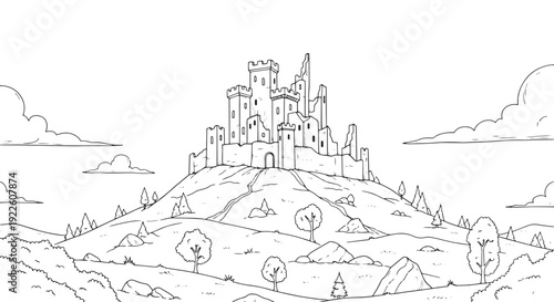 Ruined Medieval Castle on Hill Sketch