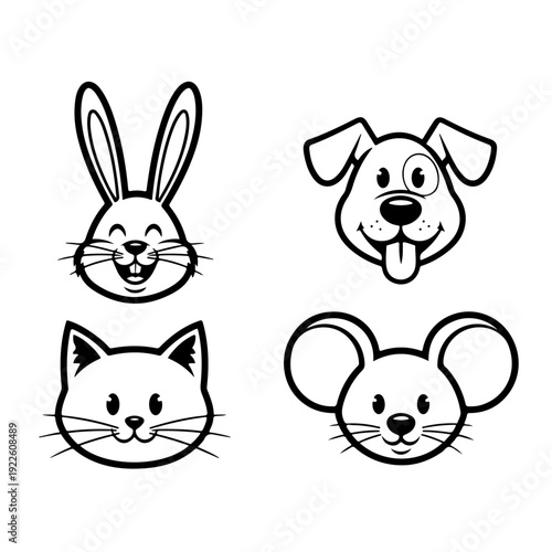 Adorable cartoon vector set featuring faces of a rabbit dog cat and mouse for children's books pet shop logos veterinary clinic branding and cute animal sticker design for kids in black and white.
