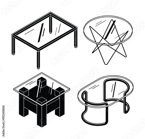 Collection of glass coffee tables vector design in isometric view