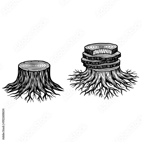 Vintage hand drawn style vector illustration of old tree stumps with detailed roots and concentric age rings for forestry wood industry lumberjack themes and nature conservation concept artwork.
