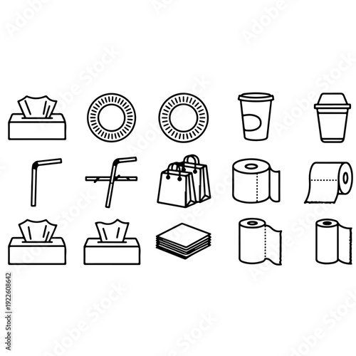 Disposable household items vector set featuring tissue boxes paper napkins coffee cups plastic bags and toilet paper rolls for hygiene bathroom supplies and restaurant take out packaging design.