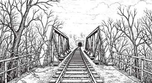 Overgrown Railway Bridge and Tunnel Line Art