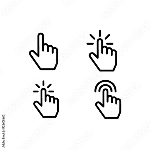 Hand cursor mouse pointer and touch screen gesture icons set for web design mobile app interface navigation and interactive technology user experience black and white vector symbol collection.hand, cu