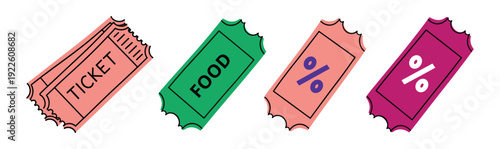 Colorful tickets set vector illustration, food ticket, ticket, and percentage off discount coupon